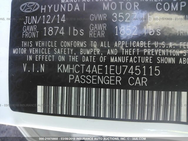 KMHCT4AE1EU745115 - 2014 HYUNDAI ACCENT GLS/GS WHITE photo 9