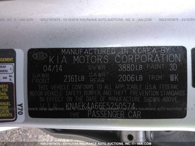 KNAFK4A66E5250574 - 2014 KIA FORTE LX SILVER photo 9