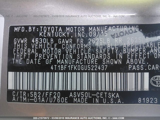 4T1BF1FK0GU522437 - 2016 TOYOTA CAMRY LE/XLE/SE/XSE GOLD photo 9