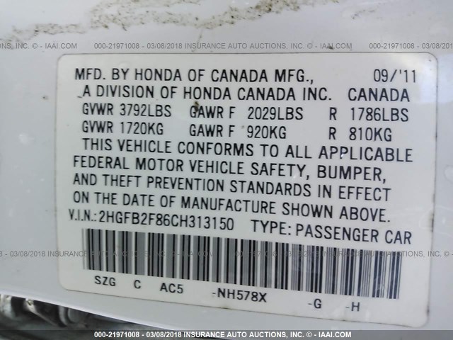 2HGFB2F86CH313150 - 2012 HONDA CIVIC EX WHITE photo 9