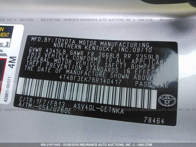 4T4BF3EK7BR140417 - 2011 TOYOTA CAMRY SE/LE/XLE SILVER photo 9