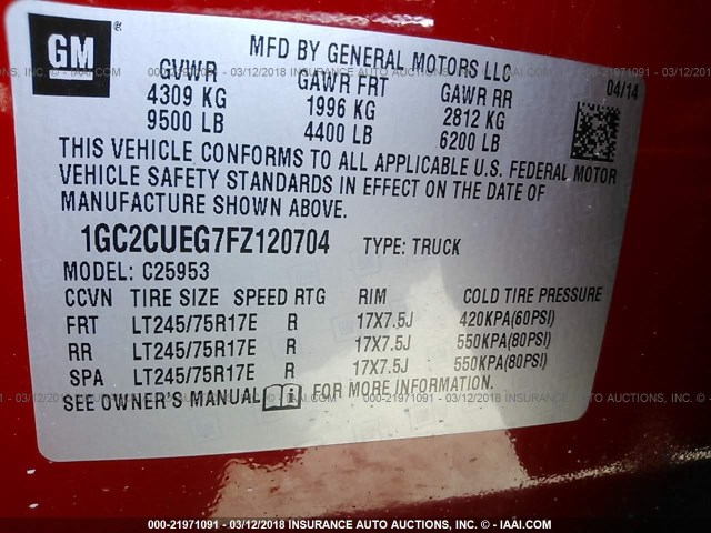 1GC2CUEG7FZ120704 - 2015 CHEVROLET SILVERADO C2500 HEAVY DUTY RED photo 9