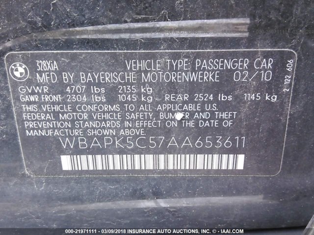 WBAPK5C57AA653611 - 2010 BMW 328 XI SULEV BLACK photo 9
