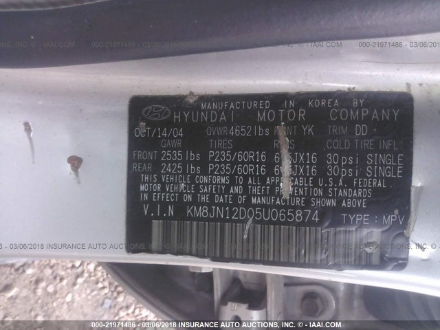 KM8JN12D05U065874 - 2005 HYUNDAI TUCSON GLS/LX GRAY photo 9