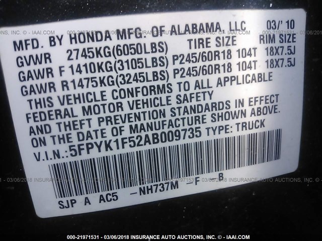 5FPYK1F52AB009735 - 2010 HONDA RIDGELINE RTL GRAY photo 9