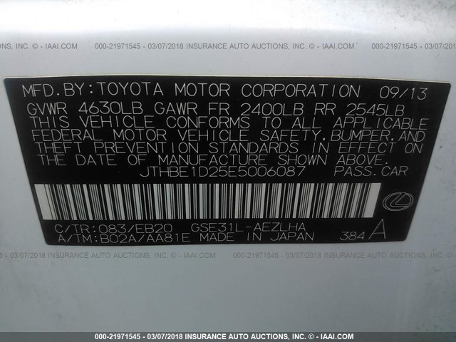 JTHBE1D25E5006087 - 2014 LEXUS IS 350 WHITE photo 9