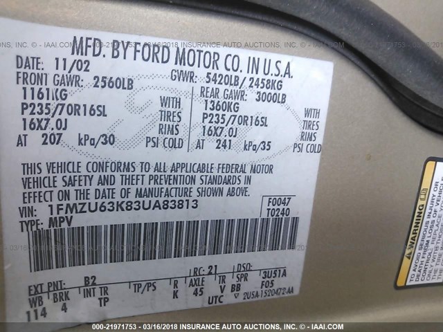 1FMZU63K83UA83813 - 2003 FORD EXPLORER XLT/XLT SPORT/NBX TAN photo 9