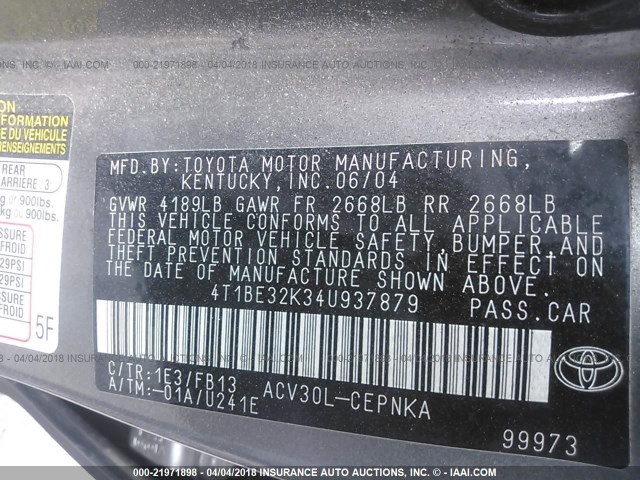 4T1BE32K34U937879 - 2004 TOYOTA CAMRY LE/XLE/SE GRAY photo 9