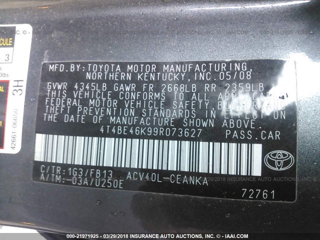 4T4BE46K99R073627 - 2009 TOYOTA CAMRY SE/LE/XLE GRAY photo 9