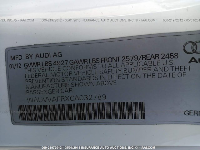 WAUVVAFRXCA032789 - 2012 AUDI S5 PRESTIGE WHITE photo 9