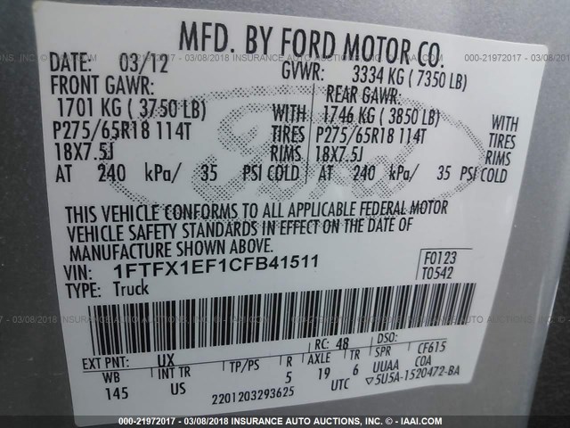 1FTFX1EF1CFB41511 - 2012 FORD F150 SUPER CAB SILVER photo 9