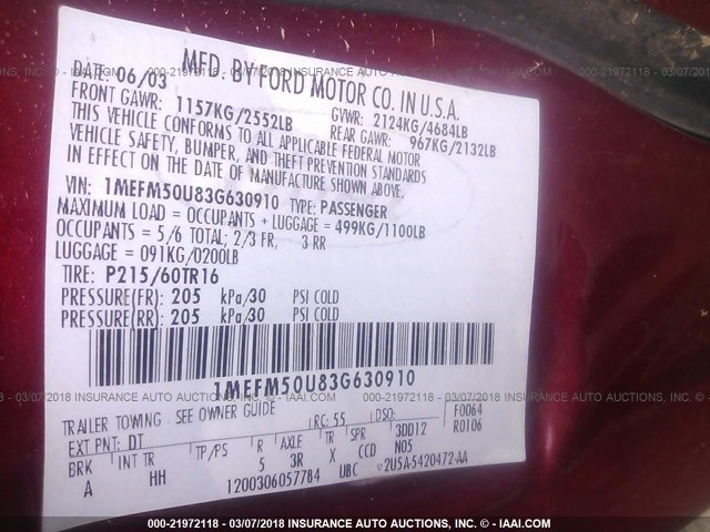 1MEFM50U83G630910 - 2003 MERCURY SABLE GS RED photo 9