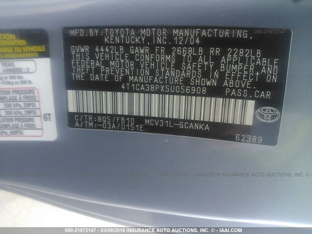 4T1CA38PX5U056908 - 2005 TOYOTA CAMRY SOLARA SE/SLE ლურჯი ფოტო 9