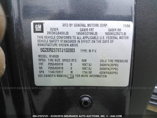 5GZER23787J102083 - 2007 SATURN OUTLOOK XR ნაცრისფერი ფოტო 9