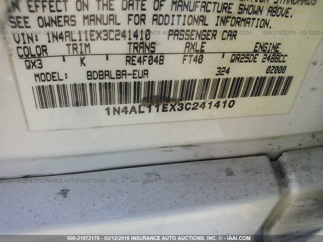 1N4AL11EX3C241410 - 2003 NISSAN ALTIMA S/SL WHITE photo 9