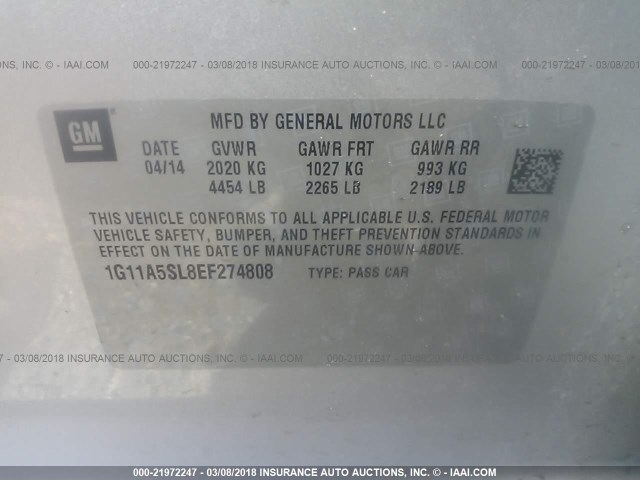 1G11A5SL8EF274808 - 2014 CHEVROLET MALIBU LS 银色 照片 9