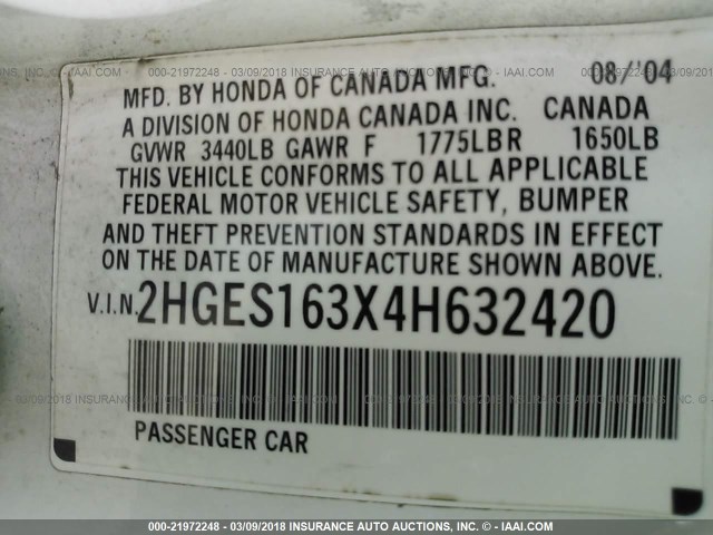 2HGES163X4H632420 - 2004 HONDA CIVIC DX VP თეთრი ფოტო 9
