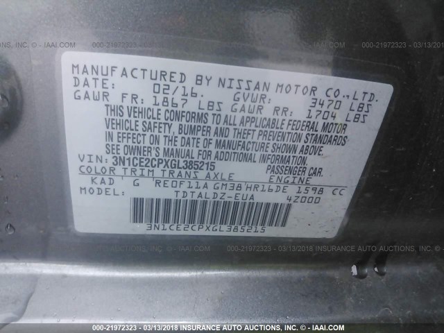 3N1CE2CPXGL385215 - 2016 NISSAN VERSA NOTE S/S PLUS/SV/SL/SR GRAY photo 9