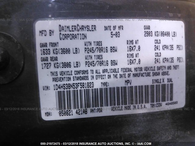 1D4HS38N53F581823 - 2003 DODGE DURANGO SPORT GRAY photo 9