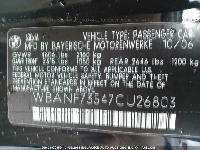 WBANF73547CU26803 - 2007 BMW 530 XI Noir photo 9