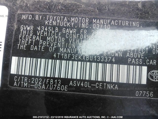 4T1BF3EKXBU133374 - 2011 TOYOTA CAMRY SE/LE/XLE Черный фото 9