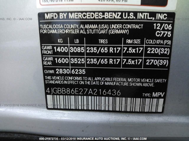 4JGBB86E27A216436 - 2007 MERCEDES-BENZ ML 350 SILVER photo 9