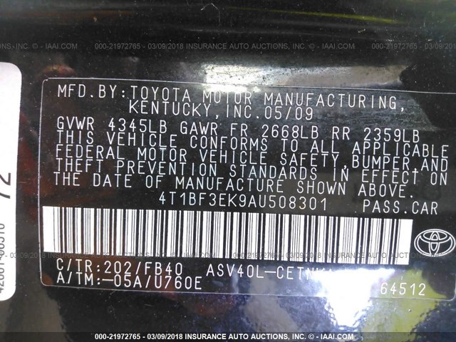 4T1BF3EK9AU508301 - 2010 TOYOTA CAMRY SE/LE/XLE BLACK photo 9