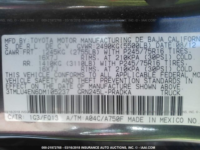 3TMLU4EN6DM105237 - 2013 TOYOTA TACOMA DOUBLE CAB ნაცრისფერი ფოტო 9