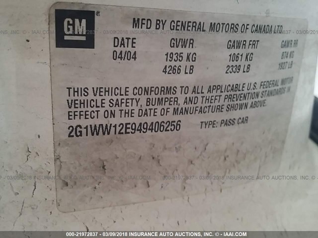 2G1WW12E949406256 - 2004 CHEVROLET MONTE CARLO LS თეთრი ფოტო 9