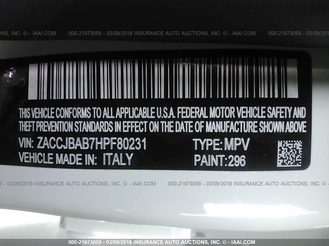 ZACCJBAB7HPF80231 - 2017 JEEP RENEGADE SPORT Սպիտակ լուսանկար 9