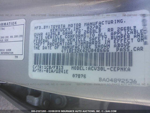 4T1BE32K42U048666 - 2002 TOYOTA CAMRY LE/XLE/SE ვერცხლისფერი ფოტო 9
