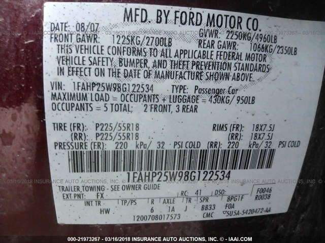 1FAHP25W98G122534 - 2008 FORD TAURUS LIMITED RED photo 9