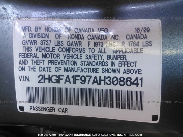 2HGFA1F97AH308641 - 2010 HONDA CIVIC EXL GRAY photo 9
