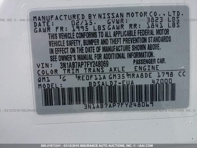 3N1AB7AP7FY248069 - 2015 NISSAN SENTRA S/SV/SR/SL WHITE photo 9