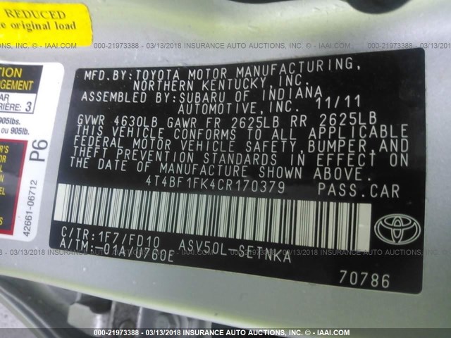 4T4BF1FK4CR170379 - 2012 TOYOTA CAMRY SE/LE/XLE 银色 照片 9