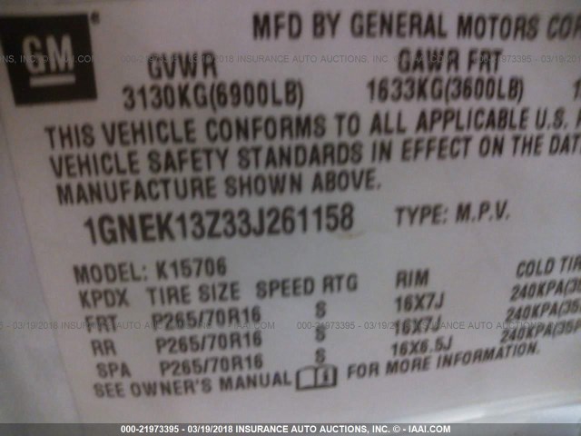 1GNEK13Z33J261158 - 2003 CHEVROLET TAHOE K1500 WHITE photo 9