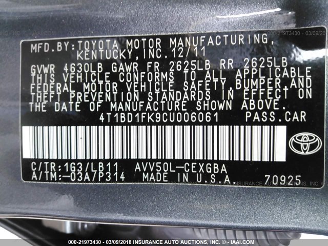 4T1BD1FK9CU006061 - 2012 TOYOTA CAMRY HYBRID/LE/XLE 灰色 照片 9