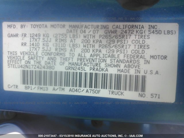 5TELU42N17Z424380 - 2007 TOYOTA TACOMA DOUBLE CAB ლურჯი ფოტო 9