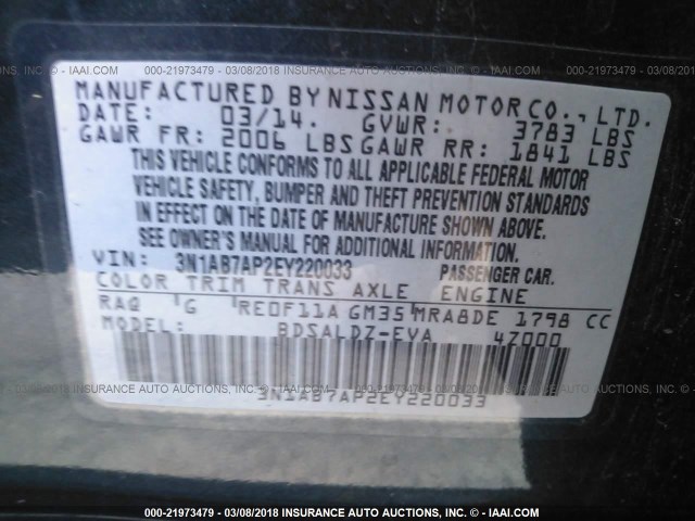 3N1AB7AP2EY220033 - 2014 NISSAN SENTRA S/SV/SR/SL GRAY photo 9