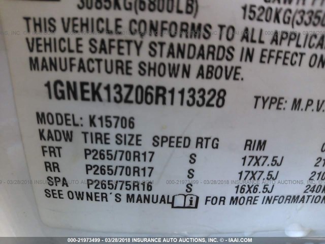 1GNEK13Z06R113328 - 2006 CHEVROLET TAHOE K1500 WHITE photo 9