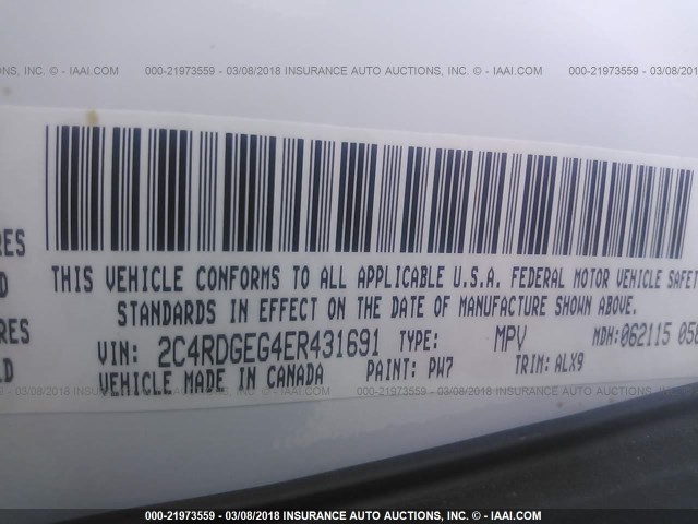 2C4RDGEG4ER431691 - 2014 DODGE GRAND CARAVAN R/T WHITE photo 9