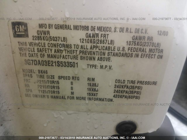 3G7DA03E21S533501 - 2001 PONTIAC AZTEK WHITE photo 9