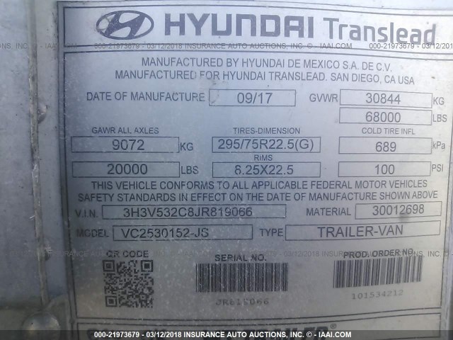 3H3V532C8JR819066 - 2018 HYUNDAI STEEL INDUSTRIES VAN  Weiß Foto 9