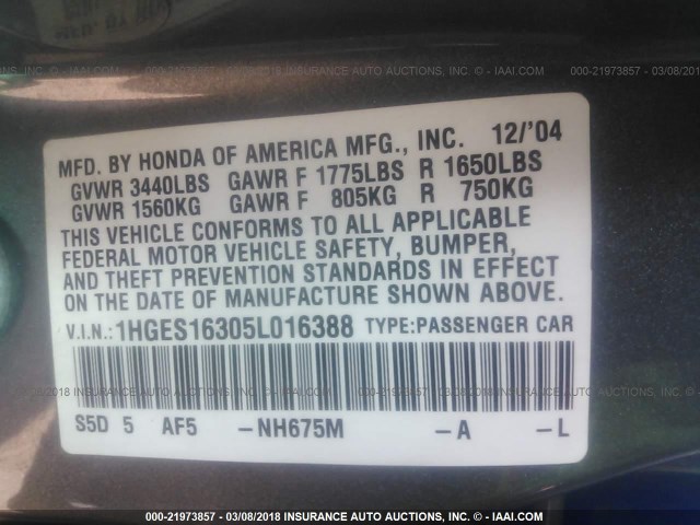 1HGES16305L016388 - 2005 HONDA CIVIC DX VP 灰色 照片 9