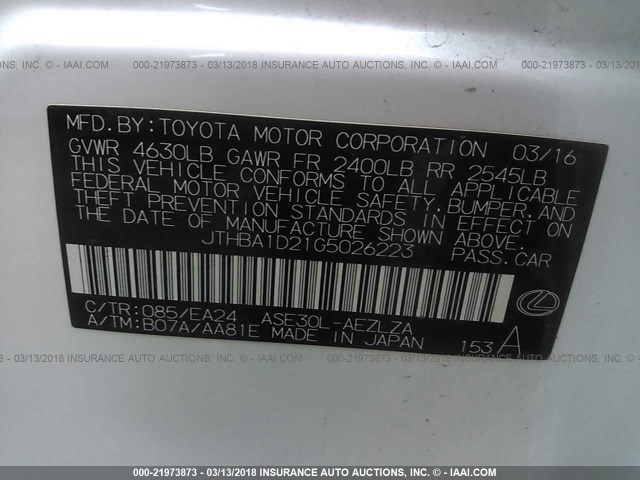 JTHBA1D21G5026223 - 2016 LEXUS IS 200T WHITE photo 9