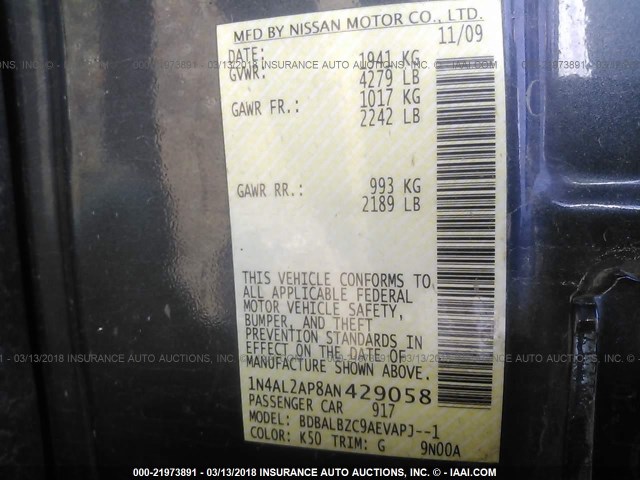 1N4AL2AP8AN429058 - 2010 NISSAN ALTIMA S GRAY photo 9