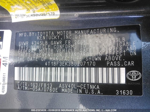 4T1BF3EK3BU207170 - 2011 TOYOTA CAMRY SE/LE/XLE GRAY photo 9