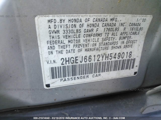 2HGEJ6612YH549018 - 2000 HONDA CIVIC SE SILVER photo 9