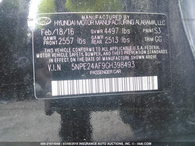 5NPE24AF9GH398493 - 2016 HYUNDAI SONATA SE BLACK photo 9