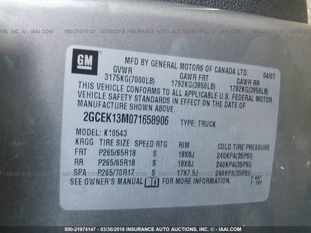 2GCEK13M071658906 - 2007 CHEVROLET SILVERADO K1500 CREW CAB GRAY photo 9